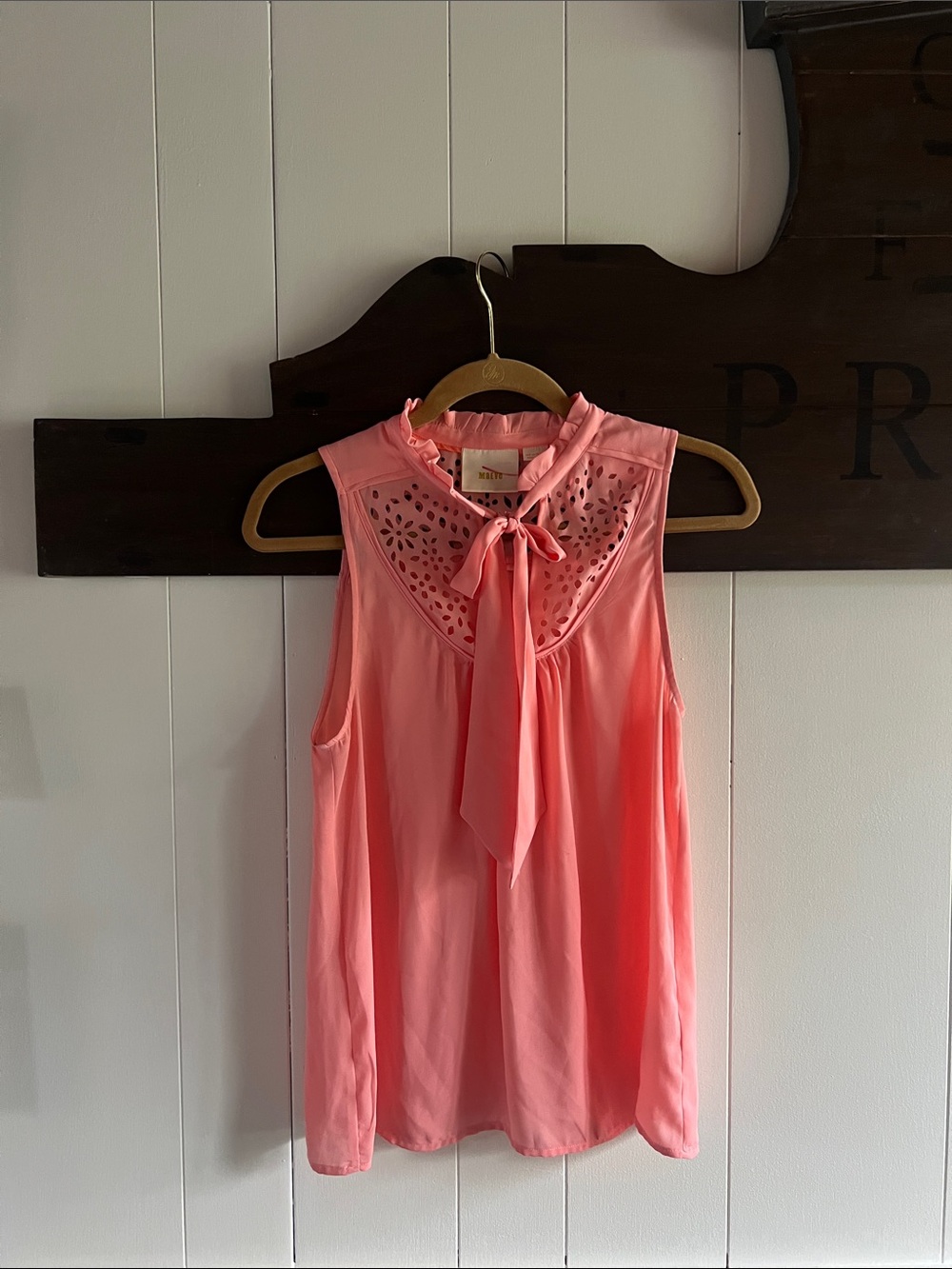 Sleeveless Tie-Neck Eyelet Blouse - Coral Pink